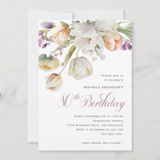 Elegante Watercolor Floral 80. Geburtstagsparty Einladung
