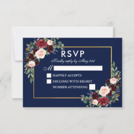 Elegante Watercolor Floral Blue Burgundy Wedding RSVP Karte