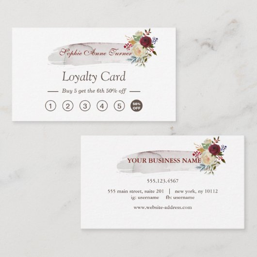 Elegante Watercolor Floral Burgund Loyalität Karte (Vorne/Hinten)