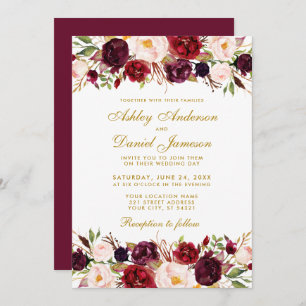 Elegante Watercolor Floral Burgundy Gold Wedding Einladung