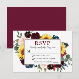 Elegante Watercolor Floral Burgundy Wedding RSVP Karte