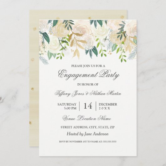 Elegante Watercolor Floral Gold Engagement Party Einladung (Vorne/Hinten)