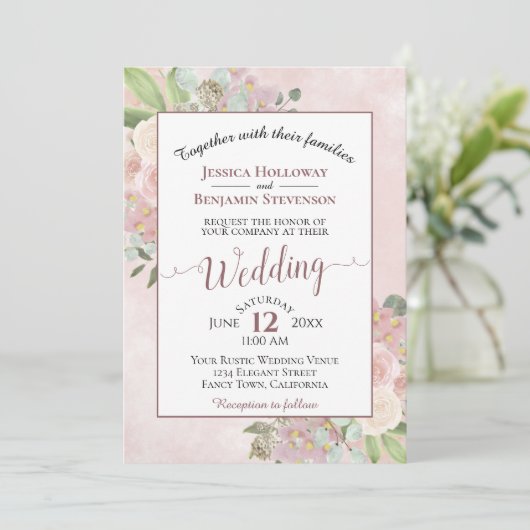 Elegante Watercolor Floral Mauve Pink Boho Hochzei Einladung (Stehend Vorderseite)