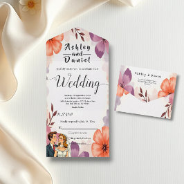 Elegante Watercolor Floral Romantische Paarhochzei All In One Einladung
