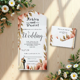 Elegante Watercolor Floral Romantische Paarhochzei All In One Einladung