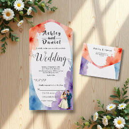 Elegante Watercolor Floral Romantische Paarhochzei All In One Einladung