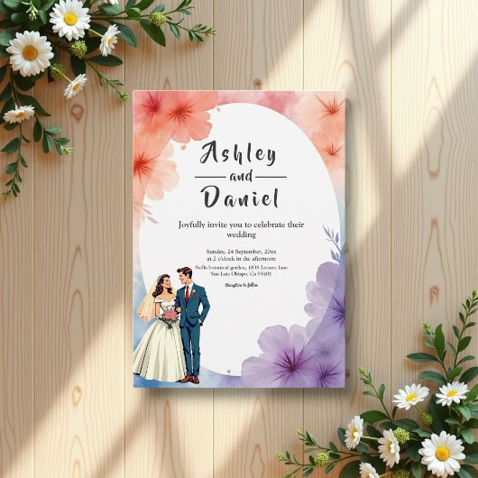 Elegante Watercolor Floral Romantische Paarhochzei Einladung