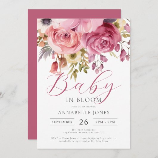 Elegante Watercolor Floral Script Baby Shower Einladung (Vorne/Hinten)