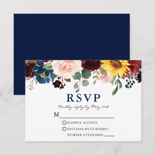 Elegante Watercolor Floral Wedding Blue RSVP Karte (Vorne/Hinten)