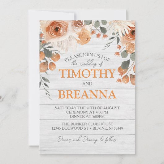 Elegante Watercolor Floral & Wood Wedding Einladung (Vorderseite)