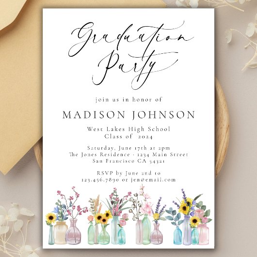 Elegante Watercolor Florals Script Graduation Part Einladung