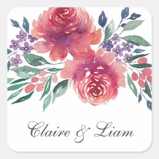 Elegante Watercolor Florals Wedding Quadratischer Aufkleber (Vorderseite)