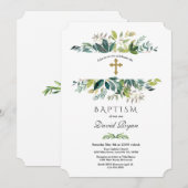 Elegante Watercolor Foliage Frame Gold Taufe Einladung (Vorne/Hinten)