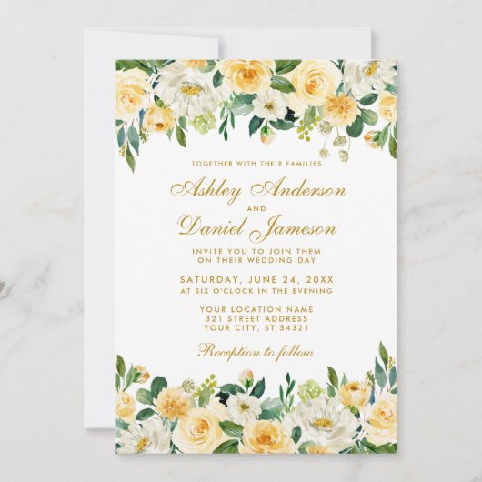 Elegante Watercolor Gelbe goldgrüne Hochzeit Einladung (Vorderseite)