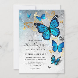Elegante Watercolor Gold Blue Butterfly Wedding Einladung