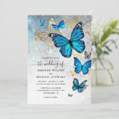 Elegante Watercolor Gold Blue Butterfly Wedding Einladung (Stehend Vorderseite)