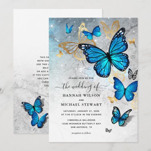 Elegante Watercolor Gold Blue Butterfly Wedding Einladung (Vorne/Hinten)