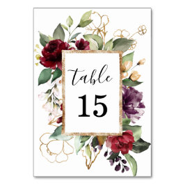 Elegante Watercolor Gold Deep Red Floral Tischnummer