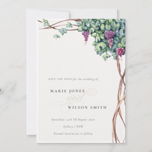 Elegante Watercolor Grapevine Save the Date Karte (Vorderseite)
