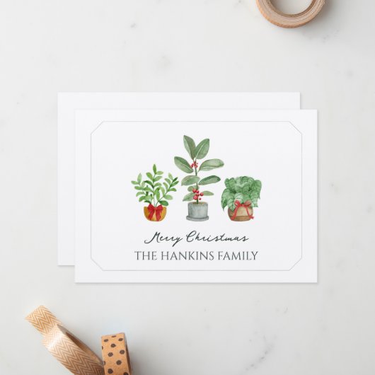 Elegante Watercolor Green Botanicals Weihnachtskar Mitteilungskarte (Vorderseite/Rückseite Beispiel)