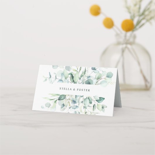 Elegante Watercolor Green Foliage Hochzeit Platzkarte (Rückseite)
