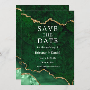 Elegante Watercolor Green Gold Marble Agate Geode Save The Date
