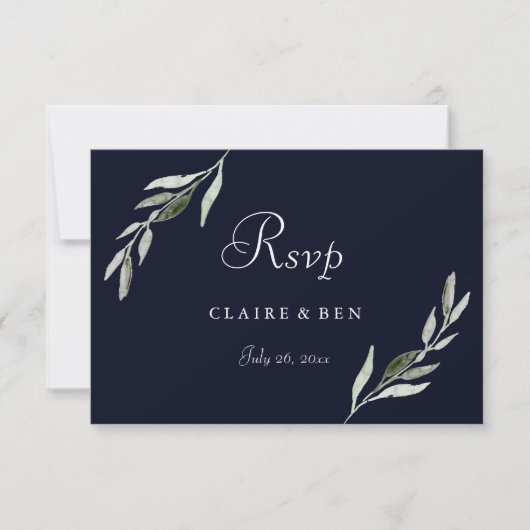 Elegante Watercolor Green Leaf Navy Wedding RSVP (Vorderseite)