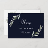Elegante Watercolor Green Leaf Navy Wedding RSVP (Vorne/Hinten)