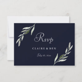 Elegante Watercolor Green Leaf Navy Wedding RSVP