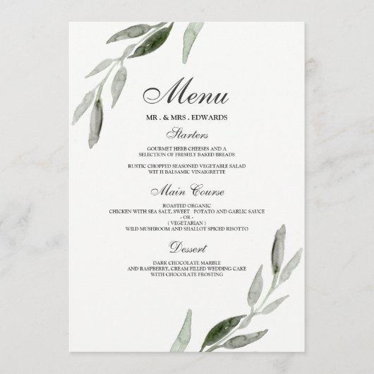 Elegante Watercolor Green Leaf Wedding Menükarte (Vorderseite)