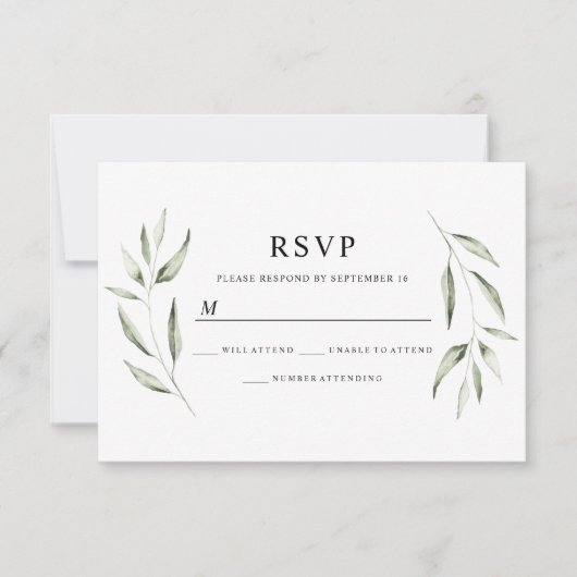 Elegante Watercolor Green Leaf Wedding RSVP (Vorderseite)