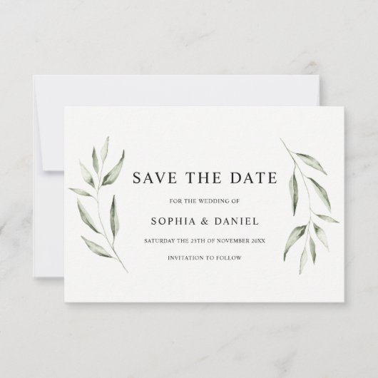 Elegante Watercolor Green Leaf Wedding Save The Date (Vorderseite)