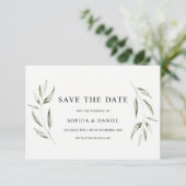 Elegante Watercolor Green Leaf Wedding Save The Date (Stehend Vorderseite)