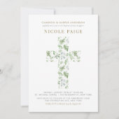 Elegante Watercolor Greenerity Cross Baptisse Einladung (Vorderseite)