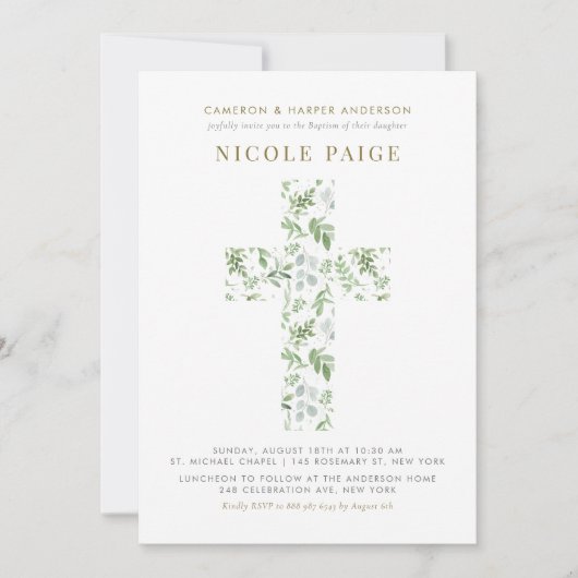 Elegante Watercolor Greenerity Cross Baptisse Einladung (Vorderseite)