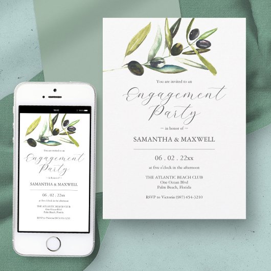 Elegante Watercolor Greenerity Engagement Party Einladung