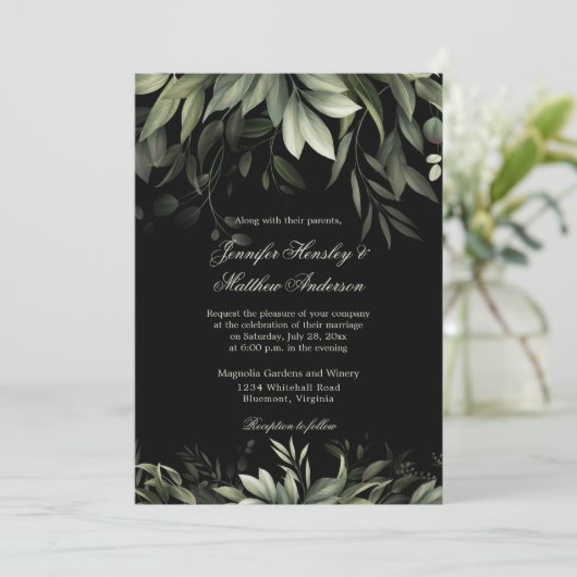 Elegante Watercolor Grüne auf schwarzem Grund Einladung (Stehend Vorderseite)