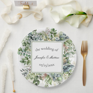 Elegante Watercolor Grüne Blätter Hochzeit Pappteller