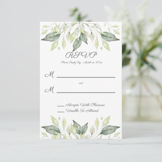 Elegante Watercolor Grüne Blätter Hochzeit RSVP Karte (Stehend Vorderseite)