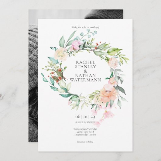 Elegante Watercolor Grüne Foto Hochzeit Einladung (Vorne/Hinten)