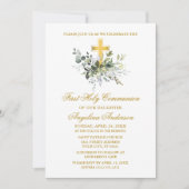 Elegante Watercolor Grüne Goldene Kommunion Einladung (Vorderseite)