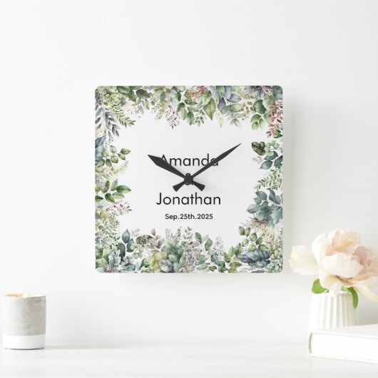 Elegante Watercolor Grüne Hochzeitshaube Quadratische Wanduhr (Zuhause)