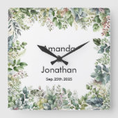 Elegante Watercolor Grüne Hochzeitshaube Quadratische Wanduhr (Vorderseite)