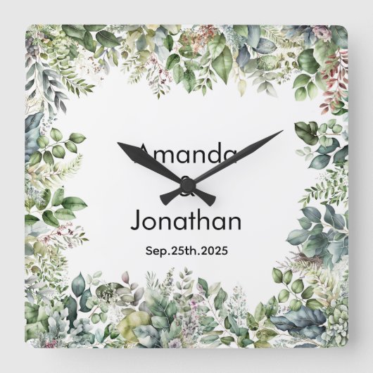 Elegante Watercolor Grüne Hochzeitshaube Quadratische Wanduhr (Vorderseite)