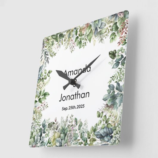 Elegante Watercolor Grüne Hochzeitshaube Quadratische Wanduhr (Winkel)