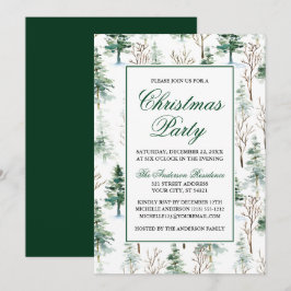 Elegante Watercolor Grüne Pinien Weihnachts-Party Einladung