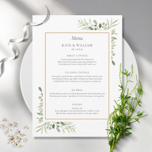 Elegante Watercolor Grüne Speisekarte zum Hochzeit Menükarte