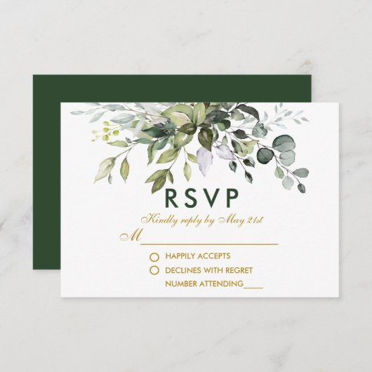 Elegante Watercolor Grüne Weinroute Gold Wedding RSVP Karte (Vorne/Hinten)