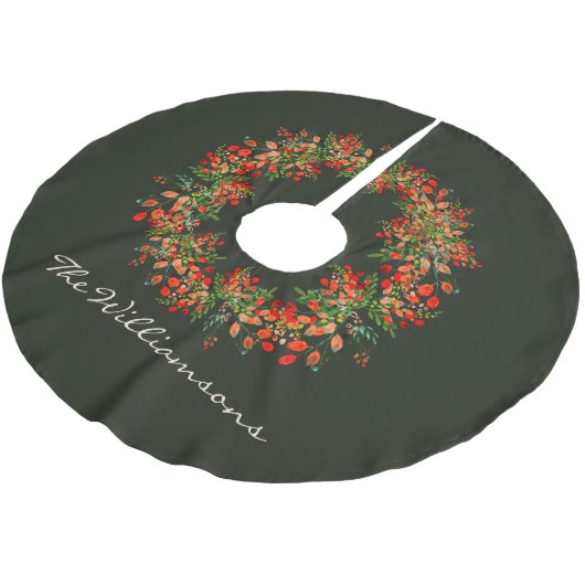 Elegante Watercolor Grüne Wreath Rustic Custom Polyester Weihnachtsbaumdecke (Schrägansicht)