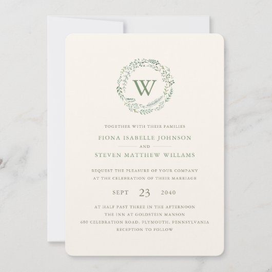 Elegante Watercolor Grüne Wreath Wedding Einladung (Vorderseite)